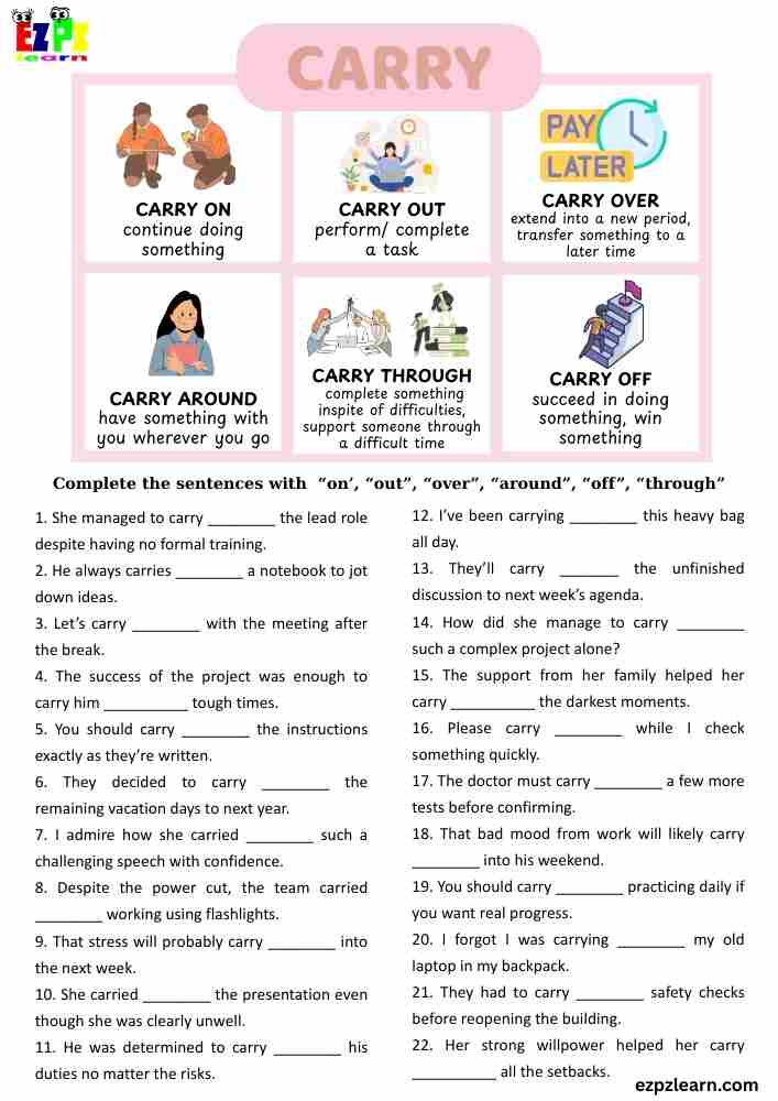 "CARRY" Phrasal Verbs Worksheet – 22 Sentence Activity | Free ESL PDF